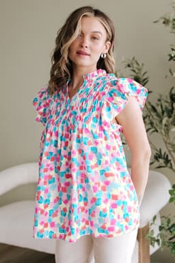image-Sky Blue Abstract Printed Ruffled Blouse - Shirred Yoke Design