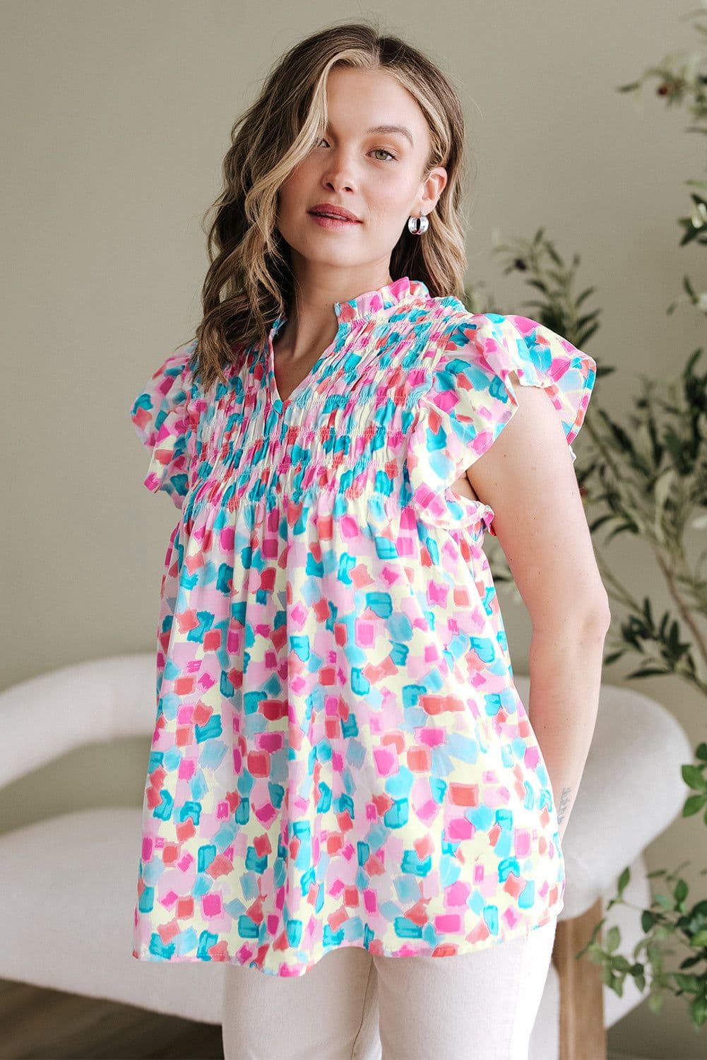 image-Sky Blue Abstract Printed Ruffled Blouse - Shirred Yoke Design