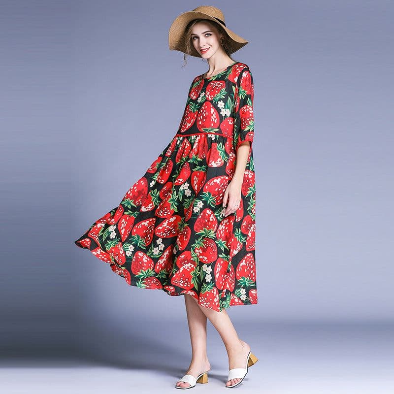 image-Jane Ramie Dress - Strawberry Print Black XL