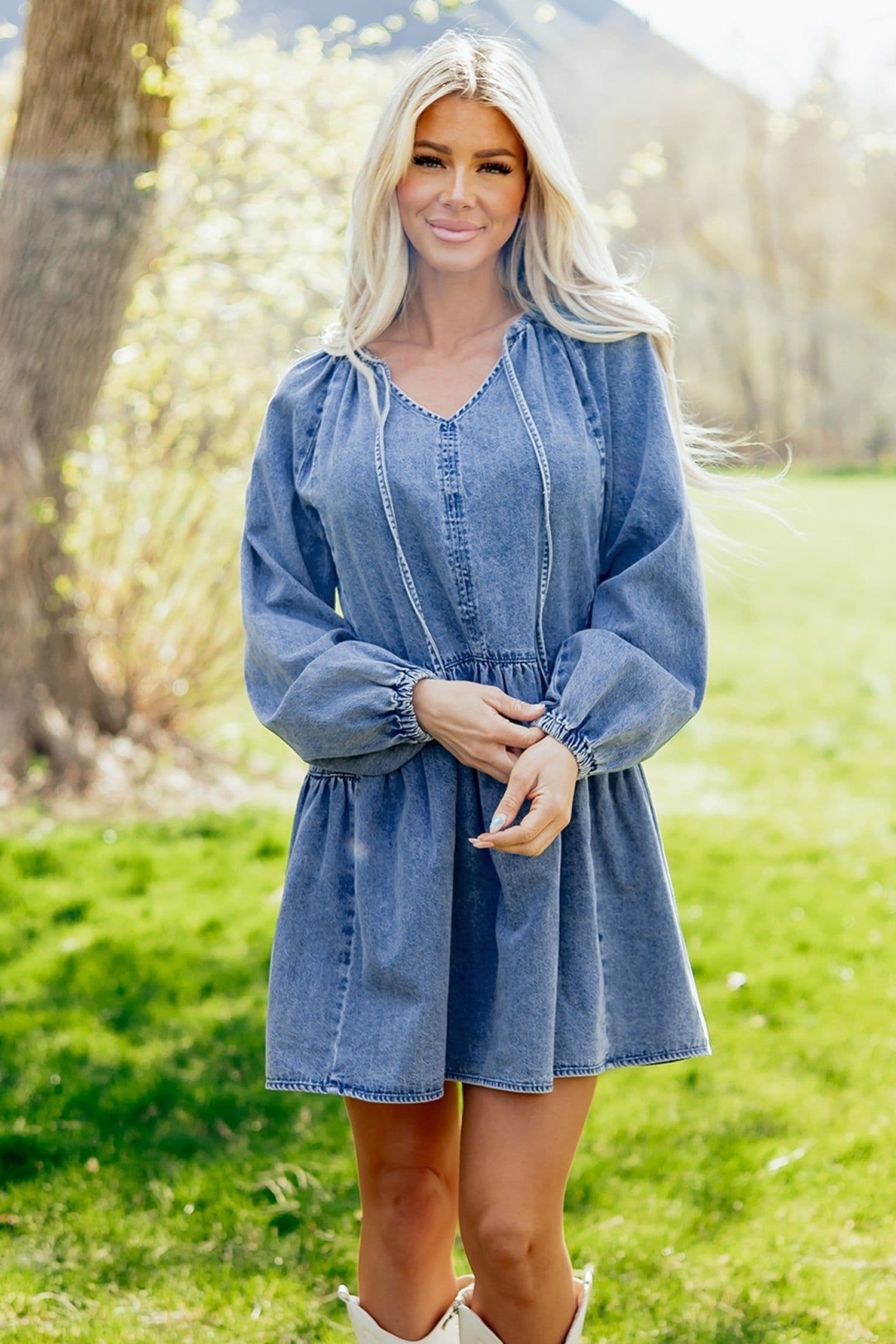image-Myosotis Denim Mini Dress - Puff Sleeve V Neck