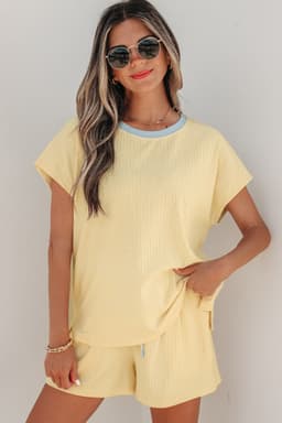 image-Aqua Soft Ribbed Color Block Trim Casual Shorts Set