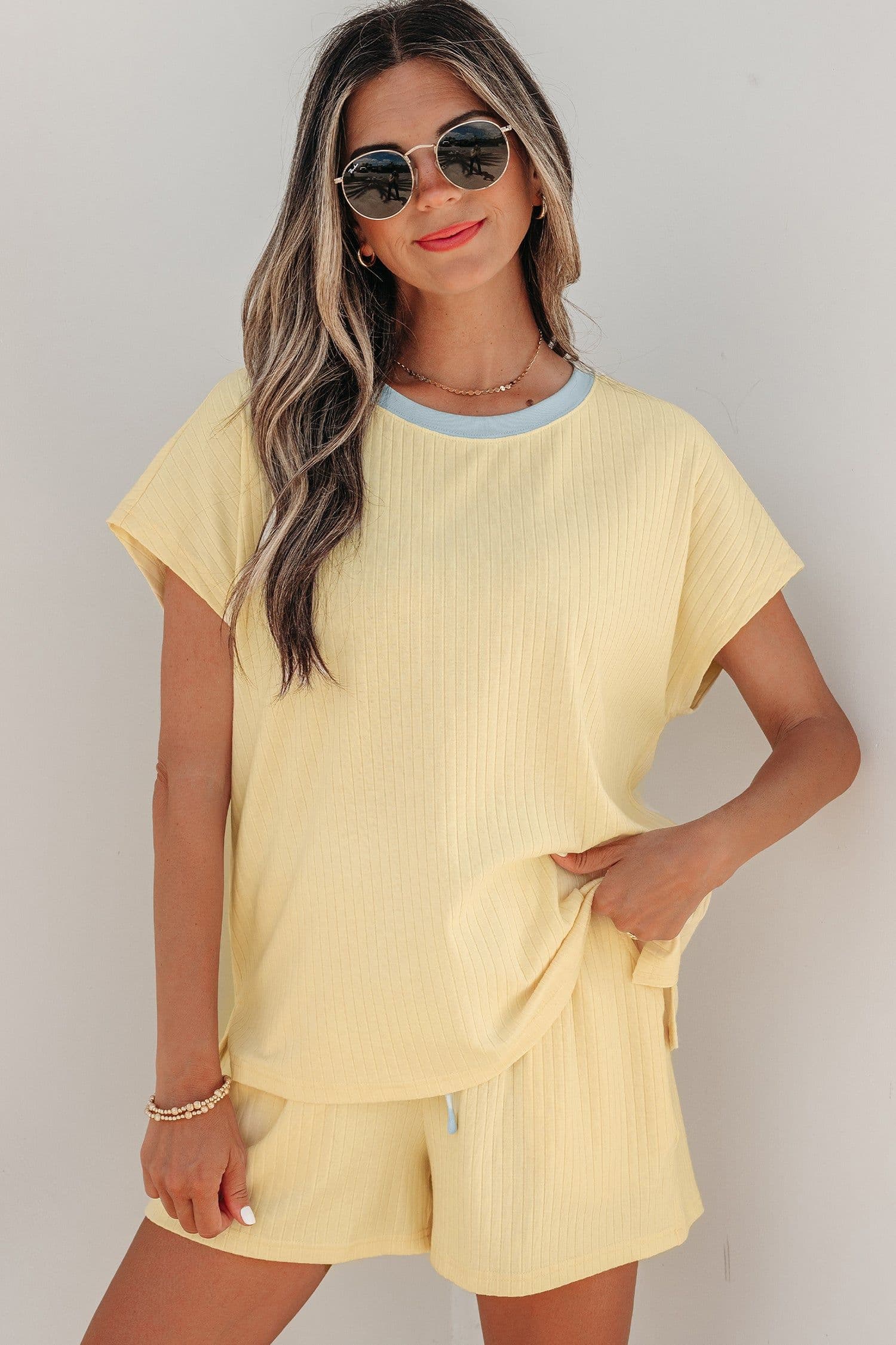 image-Aqua Soft Ribbed Color Block Trim Casual Shorts Set