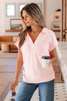 image-Light Pink Collared V Neck Ribbed Tee