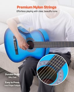 image-VEVOR Classical Guitar, 38 Inch, Wood Classical Guitar Starter Kit for Beginners, with Nylon Strings, Gig Bag, Strap, Tuner, Extra Strings, Picks, Capo, Basswood, for Teenagers Adults Students, Blue