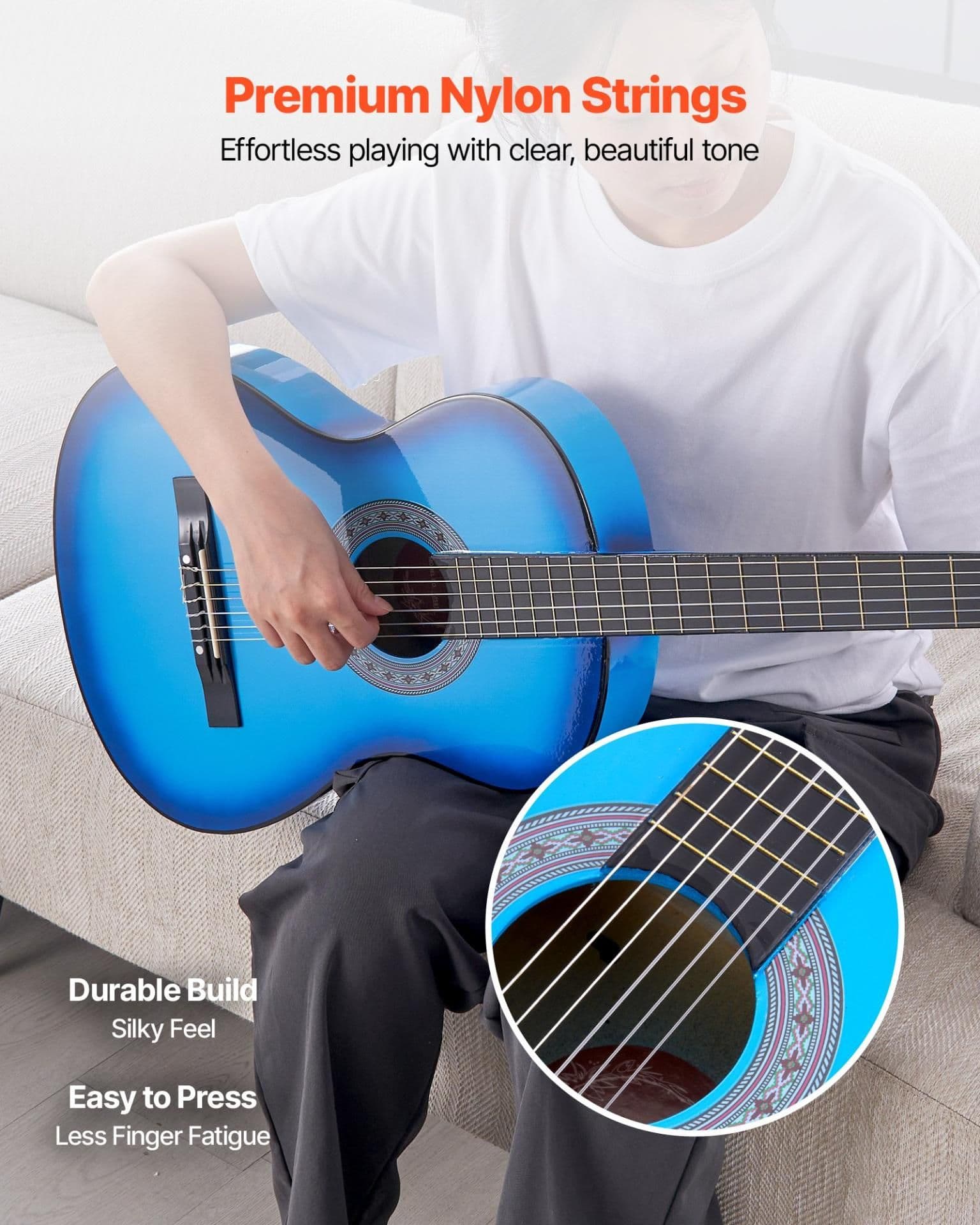 image-VEVOR Classical Guitar, 38 Inch, Wood Classical Guitar Starter Kit for Beginners, with Nylon Strings, Gig Bag, Strap, Tuner, Extra Strings, Picks, Capo, Basswood, for Teenagers Adults Students, Blue