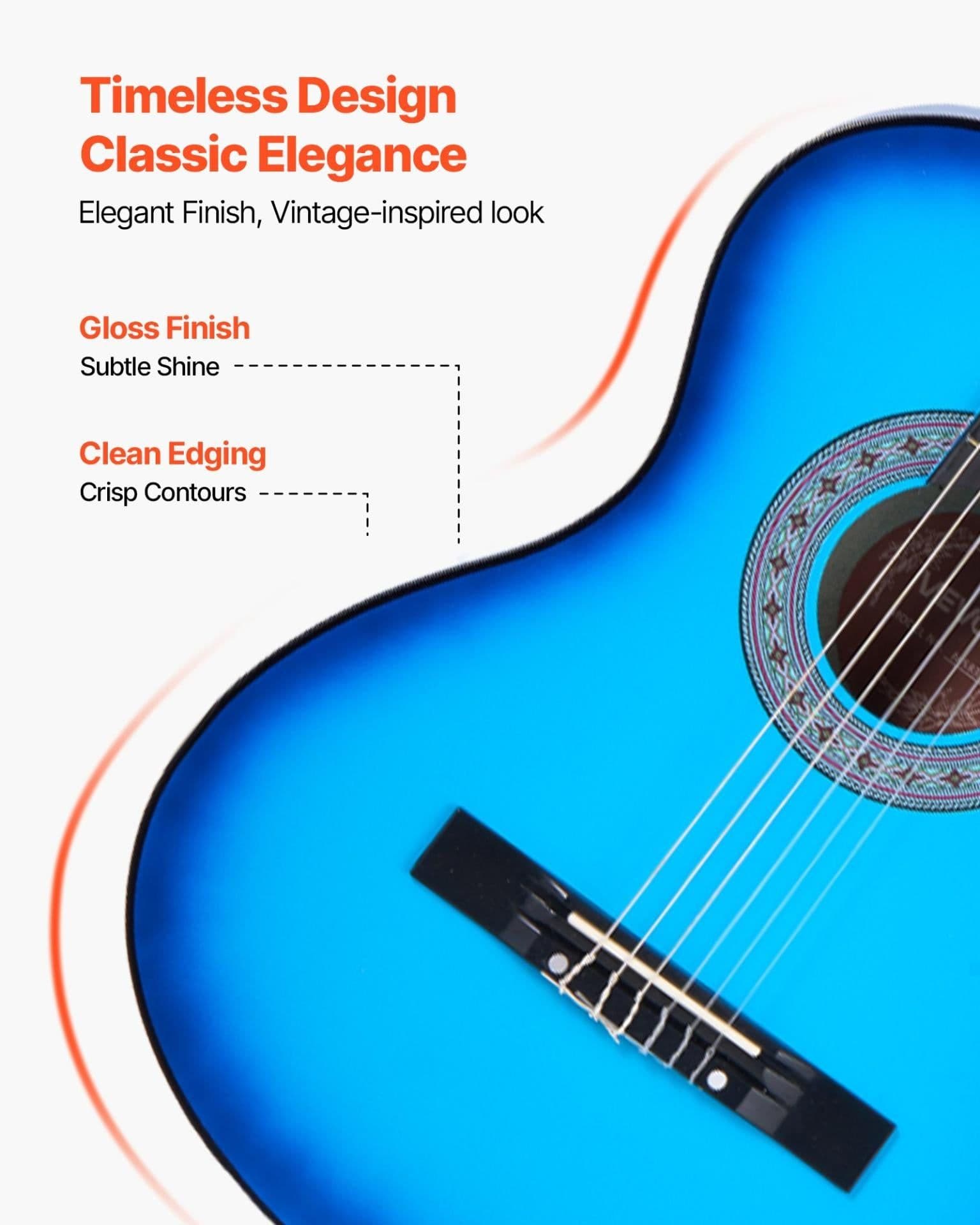 image-VEVOR Classical Guitar, 38 Inch, Wood Classical Guitar Starter Kit for Beginners, with Nylon Strings, Gig Bag, Strap, Tuner, Extra Strings, Picks, Capo, Basswood, for Teenagers Adults Students, Blue