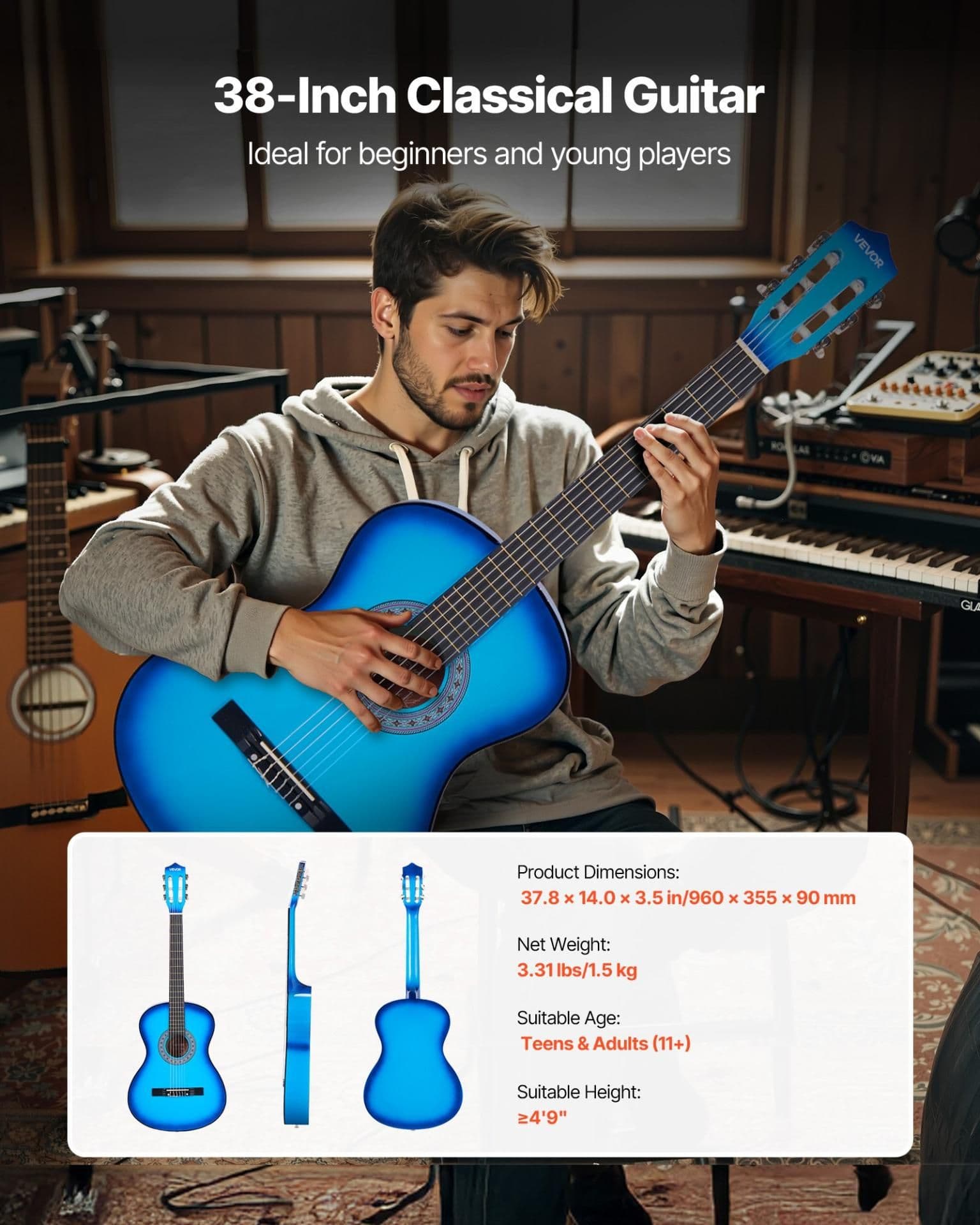 image-VEVOR Classical Guitar, 38 Inch, Wood Classical Guitar Starter Kit for Beginners, with Nylon Strings, Gig Bag, Strap, Tuner, Extra Strings, Picks, Capo, Basswood, for Teenagers Adults Students, Blue