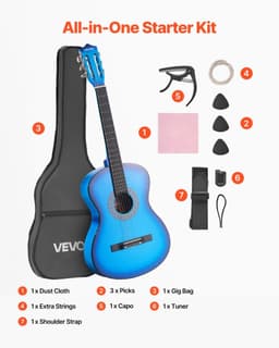 image-VEVOR Classical Guitar, 38 Inch, Wood Classical Guitar Starter Kit for Beginners, with Nylon Strings, Gig Bag, Strap, Tuner, Extra Strings, Picks, Capo, Basswood, for Teenagers Adults Students, Blue