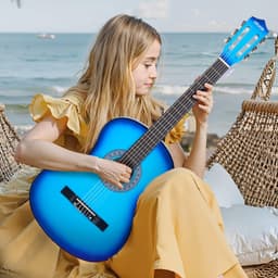 image-VEVOR Classical Guitar, 38 Inch, Wood Classical Guitar Starter Kit for Beginners, with Nylon Strings, Gig Bag, Strap, Tuner, Extra Strings, Picks, Capo, Basswood, for Teenagers Adults Students, Blue