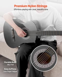 image-VEVOR Classical Guitar, 38 Inch, Wood Classical Guitar Starter Kit for Beginners, with Nylon Strings, Gig Bag, Strap, Tuner, Extra Strings, Picks, Capo, Basswood, for Teenagers Adults Students, Black