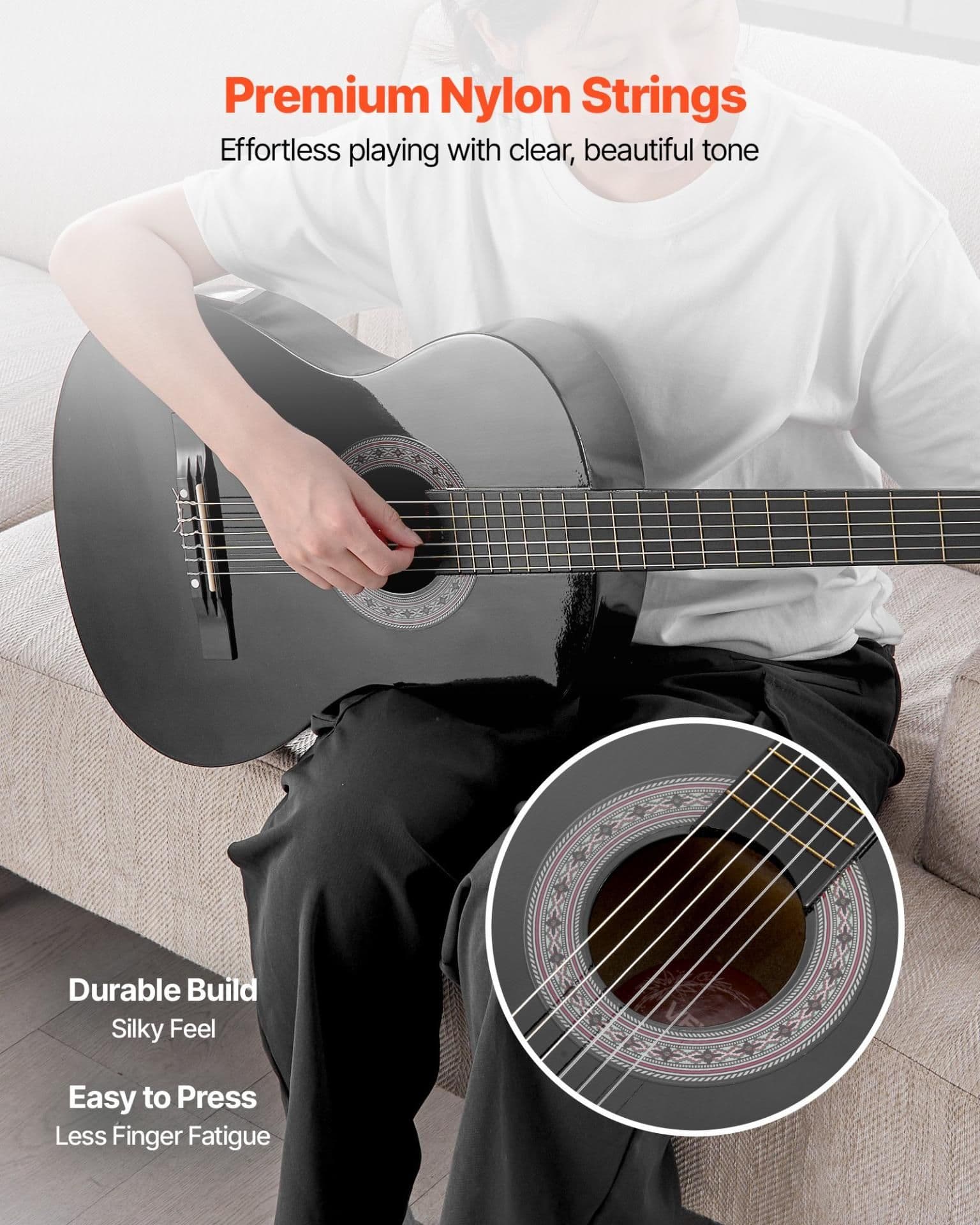 image-VEVOR Classical Guitar, 38 Inch, Wood Classical Guitar Starter Kit for Beginners, with Nylon Strings, Gig Bag, Strap, Tuner, Extra Strings, Picks, Capo, Basswood, for Teenagers Adults Students, Black