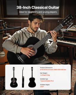 image-VEVOR Classical Guitar, 38 Inch, Wood Classical Guitar Starter Kit for Beginners, with Nylon Strings, Gig Bag, Strap, Tuner, Extra Strings, Picks, Capo, Basswood, for Teenagers Adults Students, Black