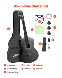 image-VEVOR Classical Guitar, 38 Inch, Wood Classical Guitar Starter Kit for Beginners, with Nylon Strings, Gig Bag, Strap, Tuner, Extra Strings, Picks, Capo, Basswood, for Teenagers Adults Students, Black
