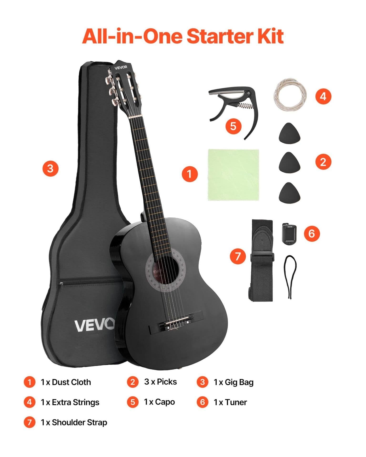 image-VEVOR Classical Guitar, 38 Inch, Wood Classical Guitar Starter Kit for Beginners, with Nylon Strings, Gig Bag, Strap, Tuner, Extra Strings, Picks, Capo, Basswood, for Teenagers Adults Students, Black