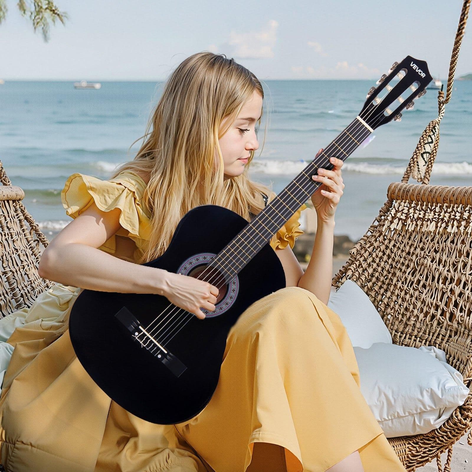 image-VEVOR Classical Guitar, 38 Inch, Wood Classical Guitar Starter Kit for Beginners, with Nylon Strings, Gig Bag, Strap, Tuner, Extra Strings, Picks, Capo, Basswood, for Teenagers Adults Students, Black