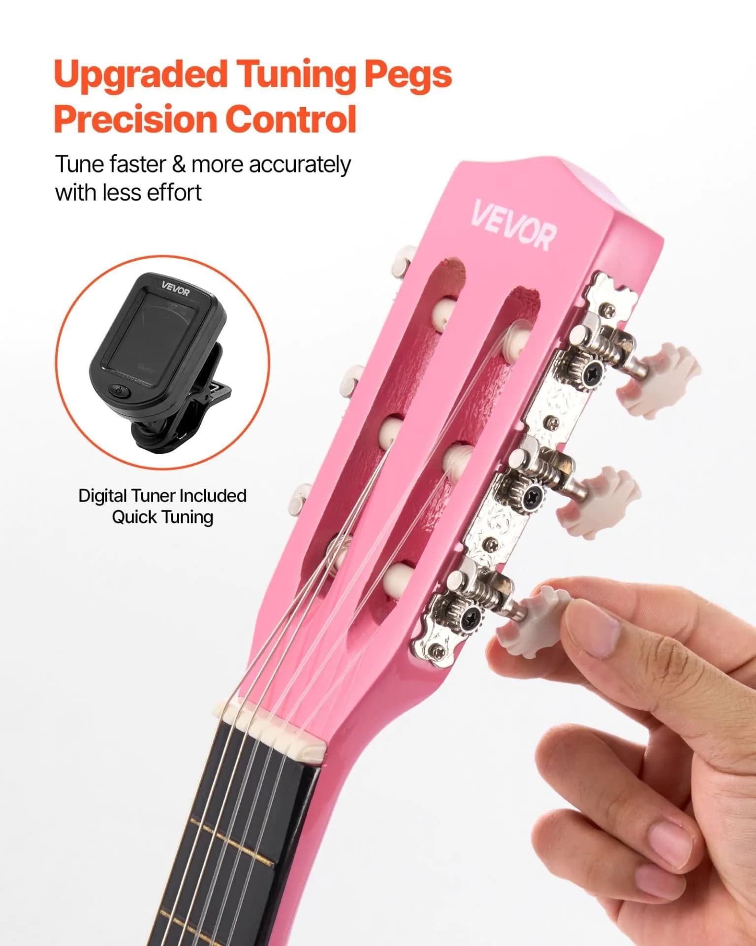 image-VEVOR Classical Guitar, 30 Inch, Wood Classical Guitar Starter Kit for Beginners, with Nylon Strings, Gig Bag, Strap, Tuner, Extra Strings, Picks, Capo, Basswood, for Kids Girls Boys Students, Pink