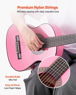 image-VEVOR Classical Guitar, 30 Inch, Wood Classical Guitar Starter Kit for Beginners, with Nylon Strings, Gig Bag, Strap, Tuner, Extra Strings, Picks, Capo, Basswood, for Kids Girls Boys Students, Pink