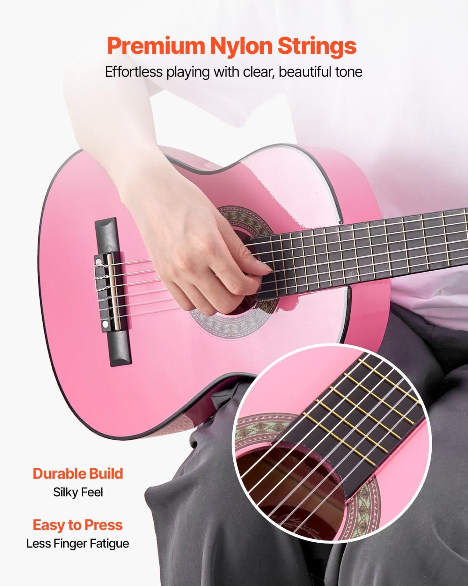 image-VEVOR Classical Guitar, 30 Inch, Wood Classical Guitar Starter Kit for Beginners, with Nylon Strings, Gig Bag, Strap, Tuner, Extra Strings, Picks, Capo, Basswood, for Kids Girls Boys Students, Pink