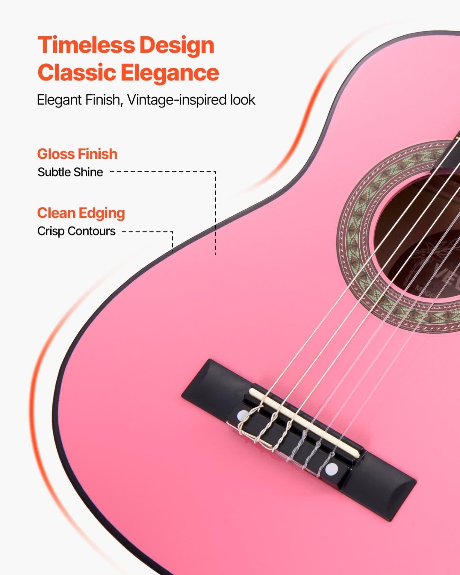 image-VEVOR Classical Guitar, 30 Inch, Wood Classical Guitar Starter Kit for Beginners, with Nylon Strings, Gig Bag, Strap, Tuner, Extra Strings, Picks, Capo, Basswood, for Kids Girls Boys Students, Pink