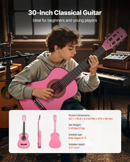 image-VEVOR Classical Guitar, 30 Inch, Wood Classical Guitar Starter Kit for Beginners, with Nylon Strings, Gig Bag, Strap, Tuner, Extra Strings, Picks, Capo, Basswood, for Kids Girls Boys Students, Pink