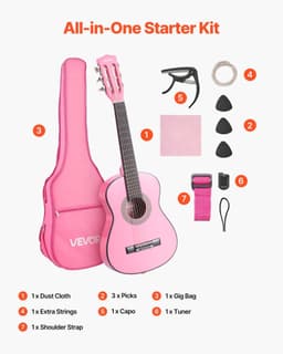 image-VEVOR Classical Guitar, 30 Inch, Wood Classical Guitar Starter Kit for Beginners, with Nylon Strings, Gig Bag, Strap, Tuner, Extra Strings, Picks, Capo, Basswood, for Kids Girls Boys Students, Pink