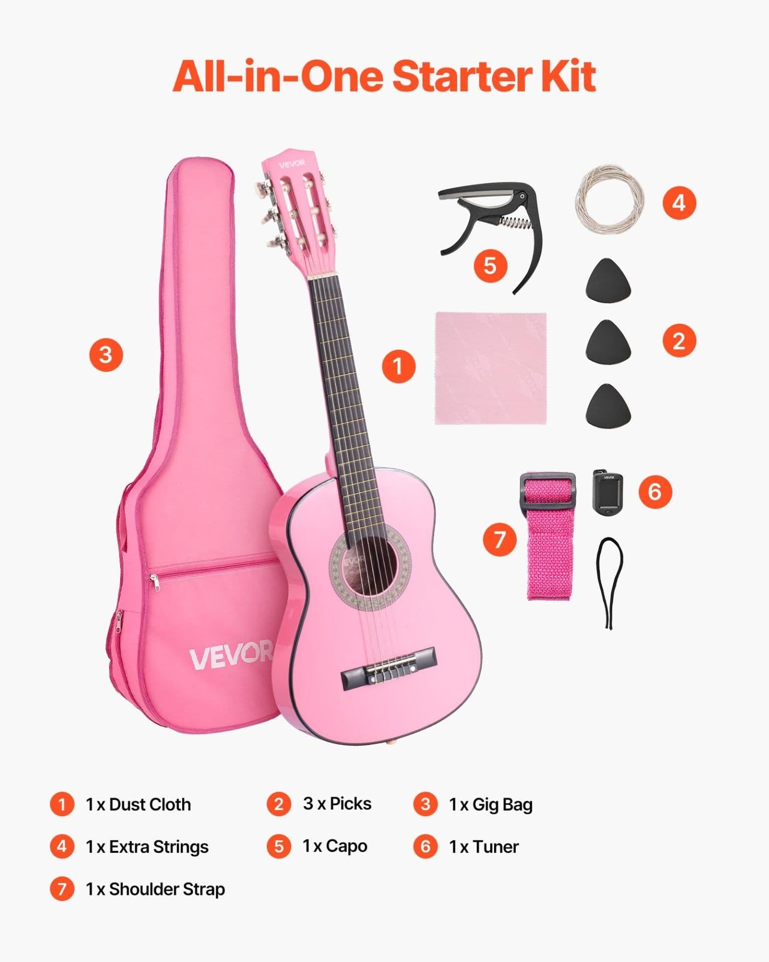 image-VEVOR Classical Guitar, 30 Inch, Wood Classical Guitar Starter Kit for Beginners, with Nylon Strings, Gig Bag, Strap, Tuner, Extra Strings, Picks, Capo, Basswood, for Kids Girls Boys Students, Pink