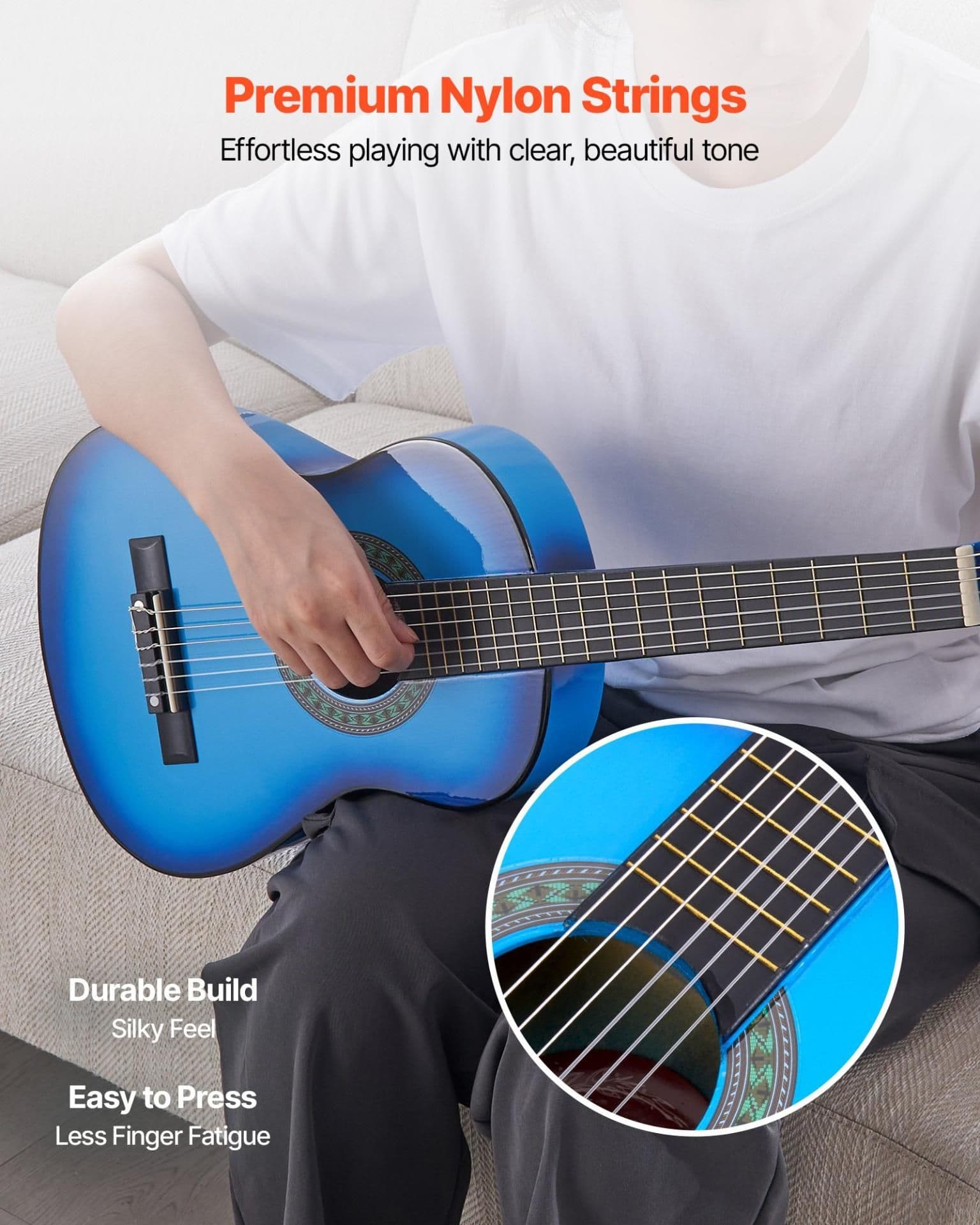 image-VEVOR Classical Guitar, 30 Inch, Wood Classical Guitar Starter Kit for Beginners, with Nylon Strings, Gig Bag, Strap, Tuner, Extra Strings, Picks, Capo, Basswood, for Kids Girls Boys Students, Blue