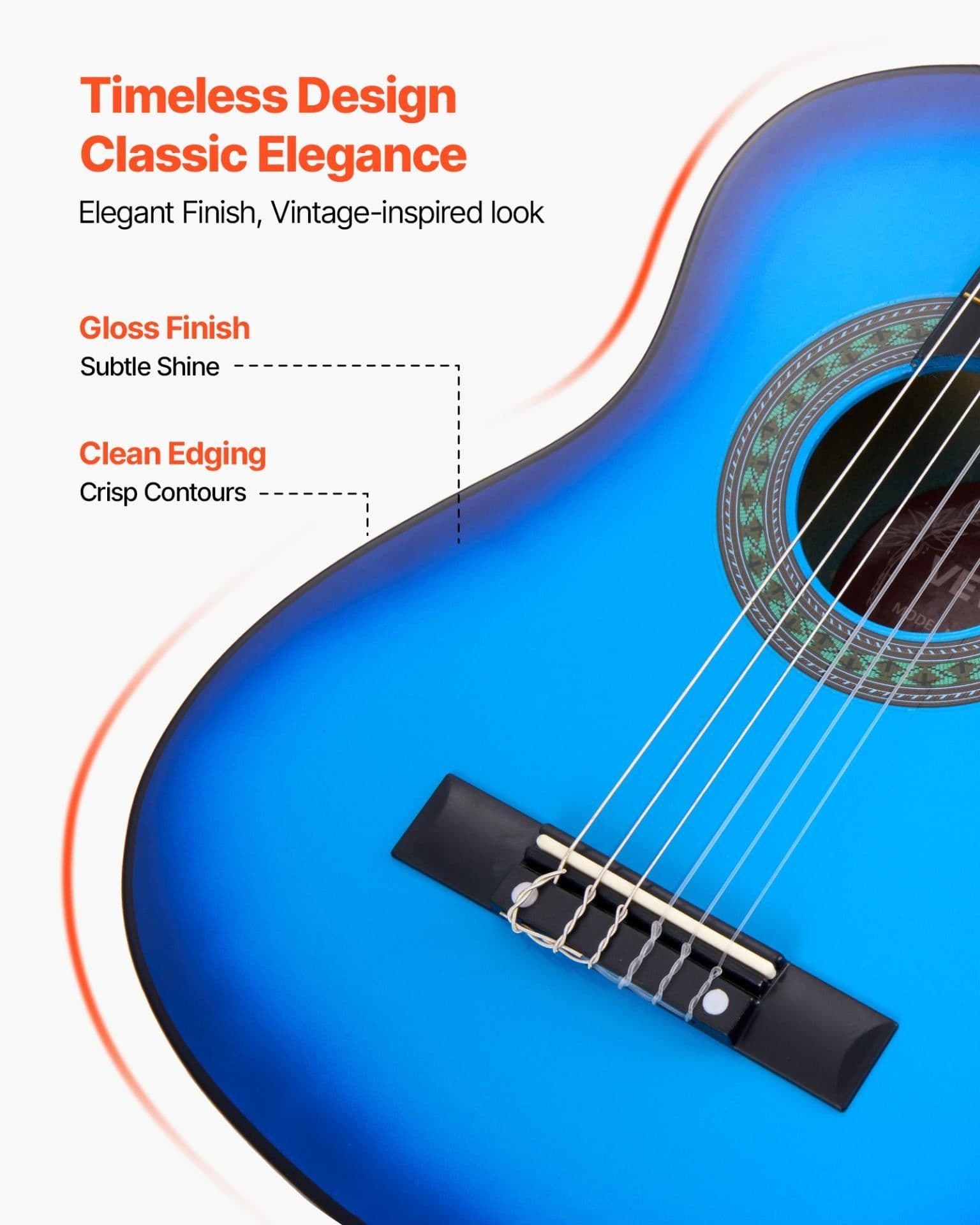image-VEVOR Classical Guitar, 30 Inch, Wood Classical Guitar Starter Kit for Beginners, with Nylon Strings, Gig Bag, Strap, Tuner, Extra Strings, Picks, Capo, Basswood, for Kids Girls Boys Students, Blue