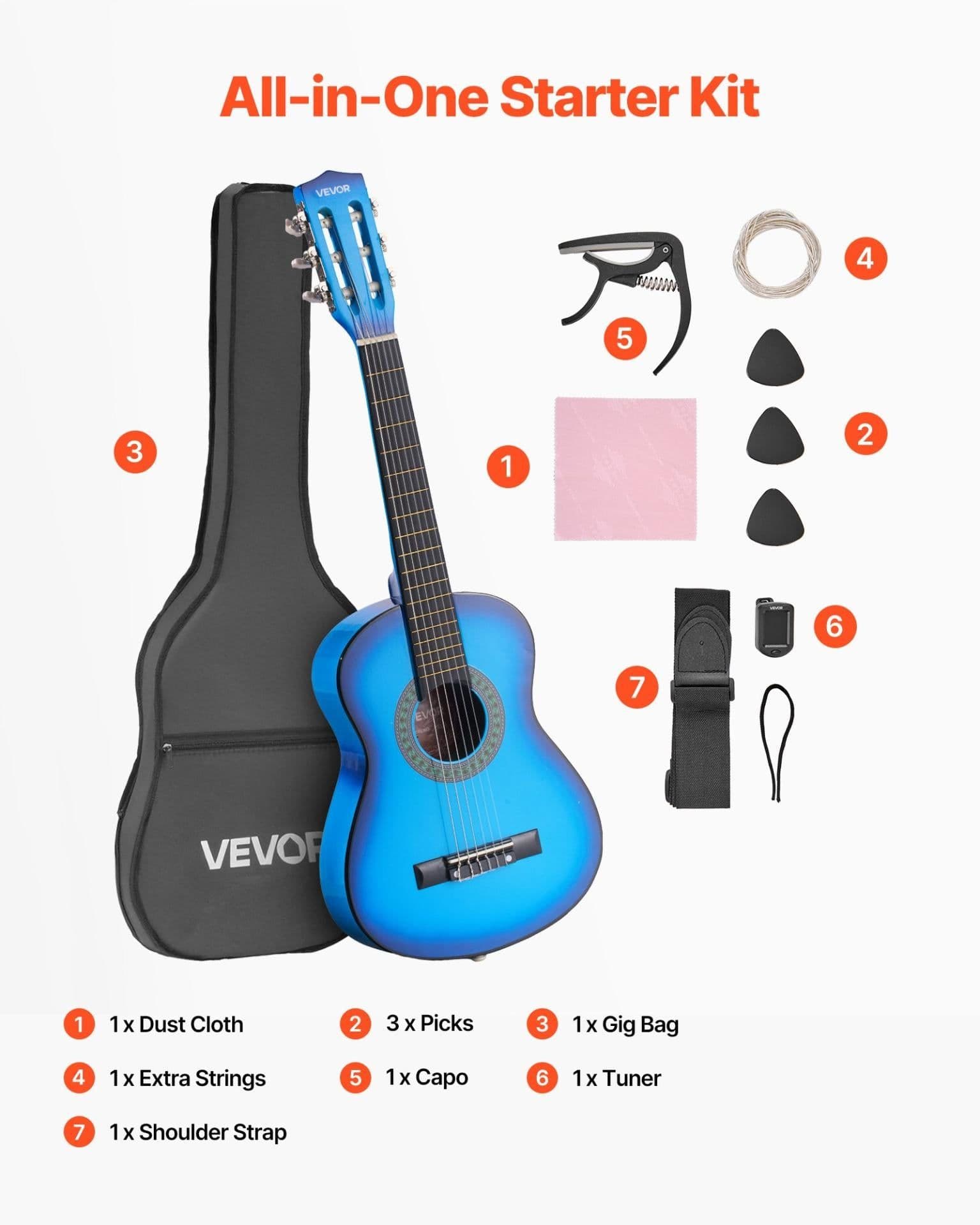 image-VEVOR Classical Guitar, 30 Inch, Wood Classical Guitar Starter Kit for Beginners, with Nylon Strings, Gig Bag, Strap, Tuner, Extra Strings, Picks, Capo, Basswood, for Kids Girls Boys Students, Blue