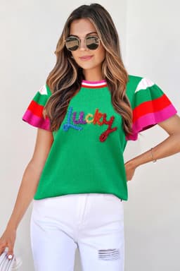 image-Bright Green Striped Flutter Sleeve Sweater