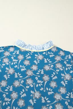 image-Blue Plus Size Floral Print Striped Patchwork Detail Button Front Ruffle Hem Dress