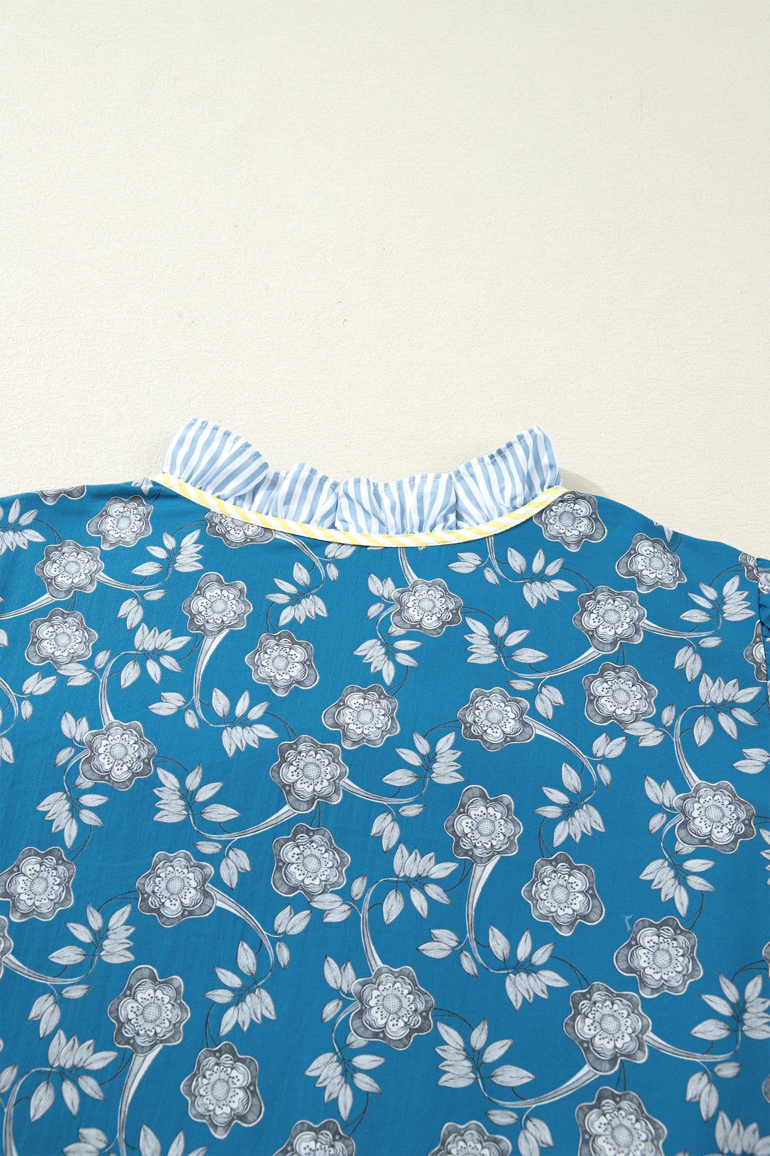 image-Blue Plus Size Floral Print Striped Patchwork Detail Button Front Ruffle Hem Dress
