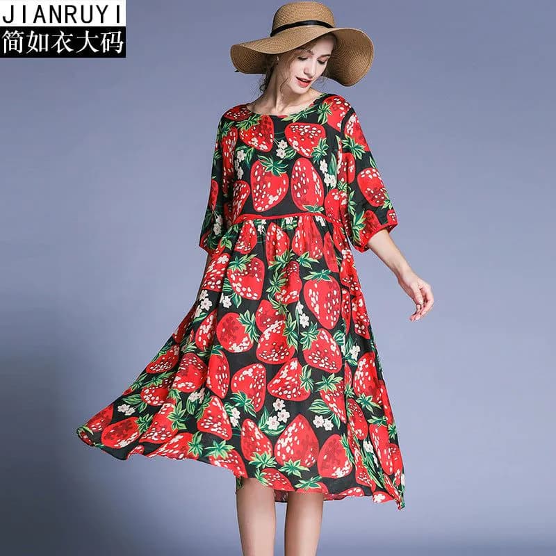 image-Jane Ramie Dress - Strawberry Print Black XL