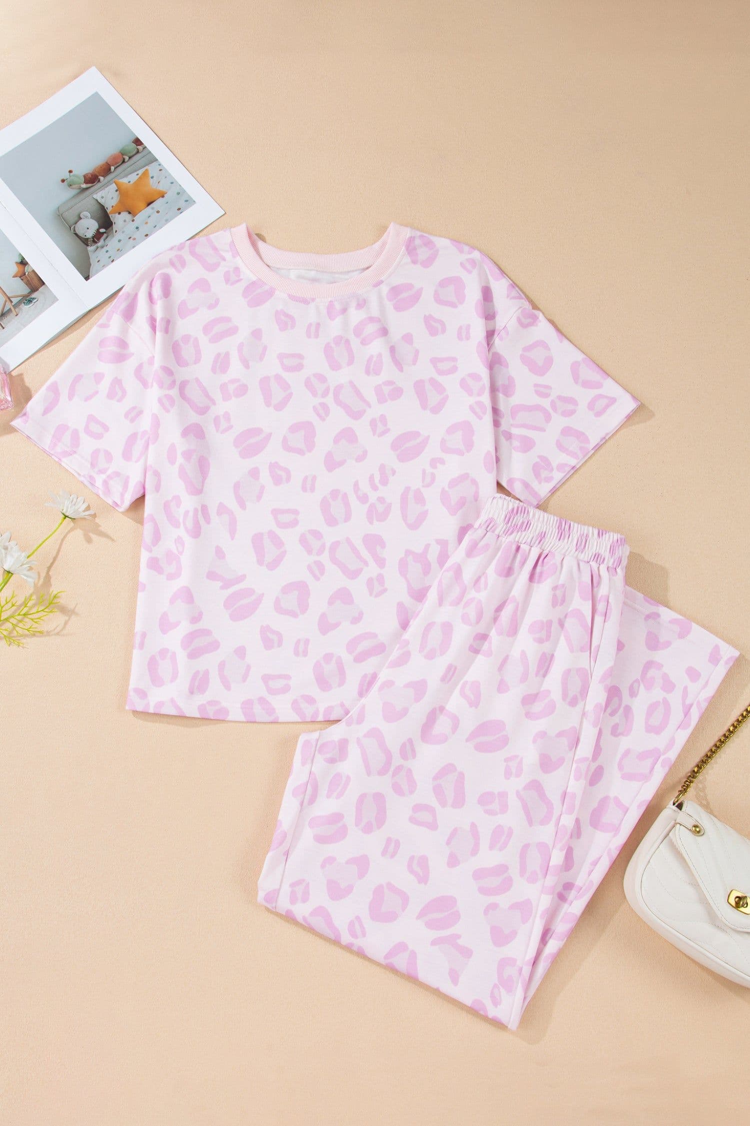 image-Pink Leopard Two Piece Top and Pants Set