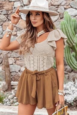 image-Beige Pointelle Knit Flutter Sleeve Sweater - Versatile & Chic