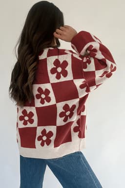 image-Thai Curry Flower Plaid Henley Baggy Sweater