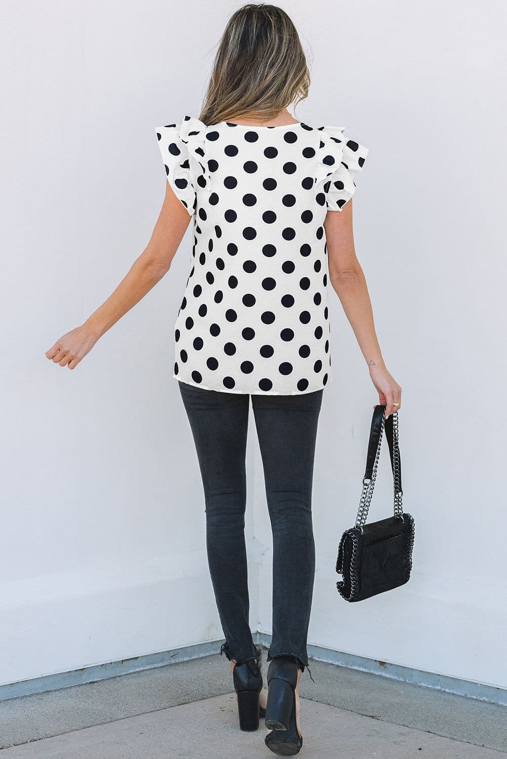 image-Polka Dot Ruffled Sleeve V-Neck Blouse - White