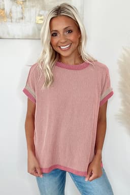 image-Bright Pink Textured T Shirt - Contrast Trim