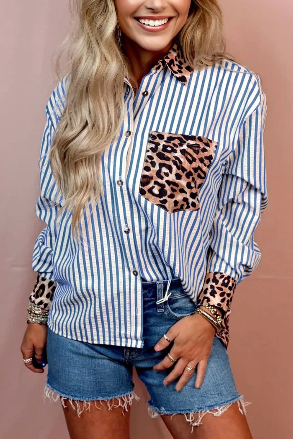 image-Black Striped Leopard Print Patchwork Button Up Womens Shirt