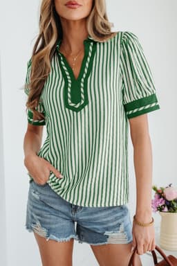 image-Green Stripe Collared Split Neck Bubble Sleeve Blouse