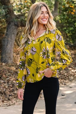 image-Yellow Vintage Floral V Neck Ruffle Trim Long Sleeve Blouse