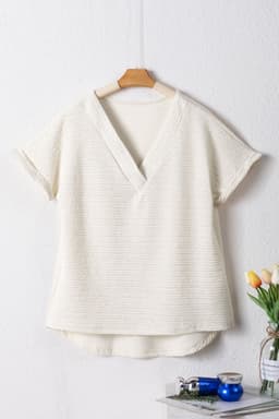 image-Khaki Textured Wide Sleeve V Neck T Shirt