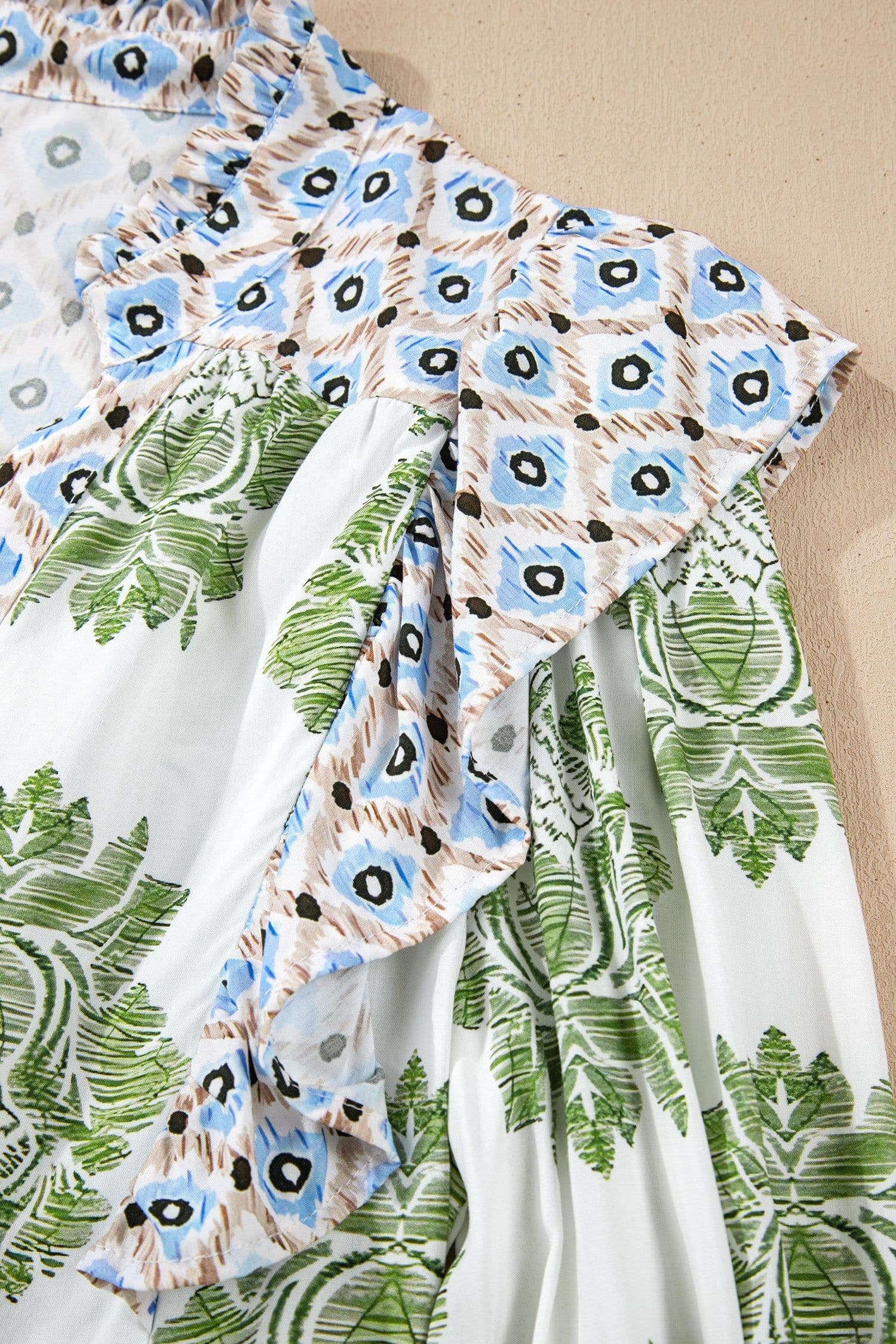 image-Green Floral Print Contrast Patchwork Ruffle Detail Mini Dress
