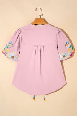 image-Pink Floral Embroidered Puff Sleeve Blouse with Split Neck & Tie Detail