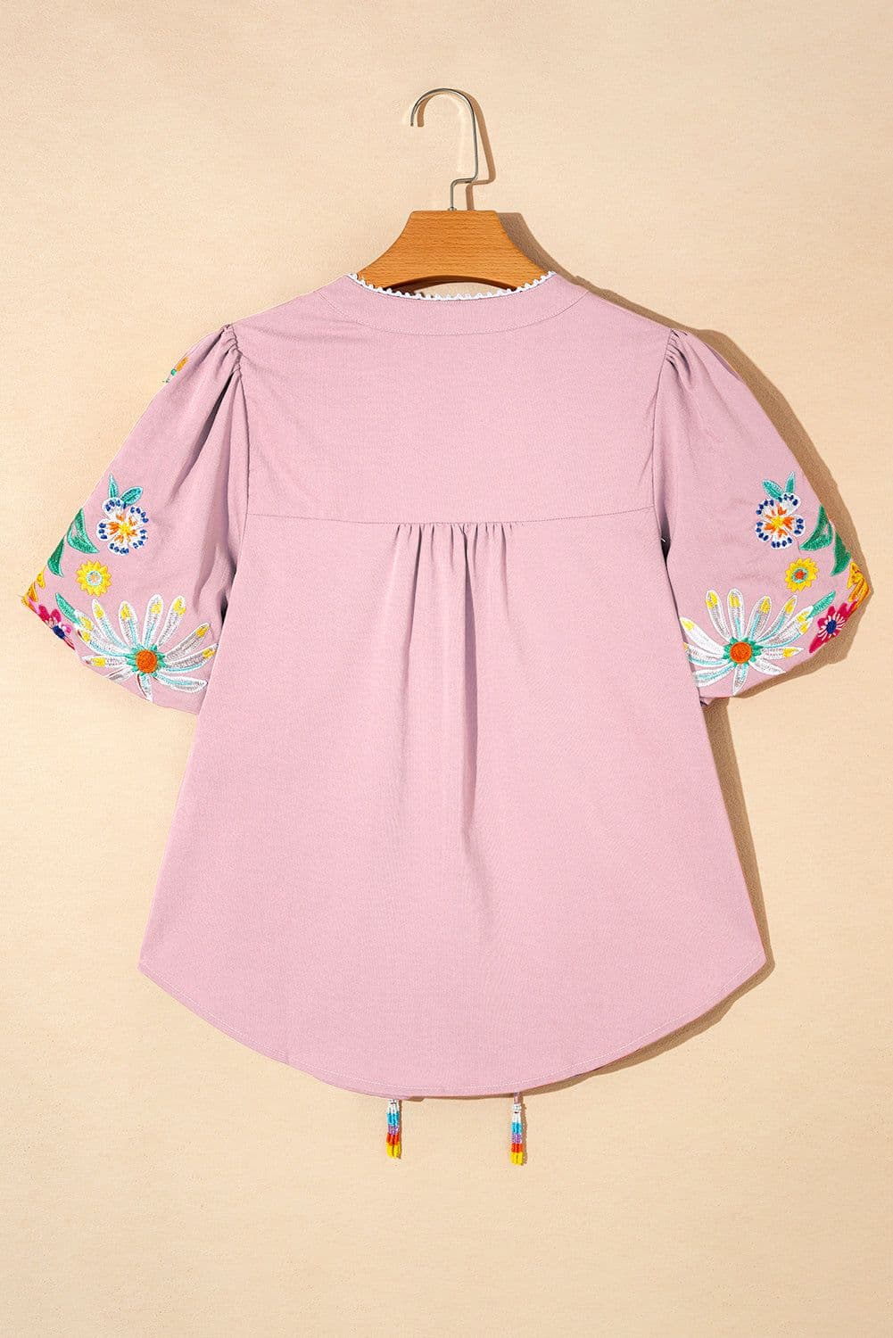 image-Pink Floral Embroidered Puff Sleeve Blouse with Split Neck & Tie Detail