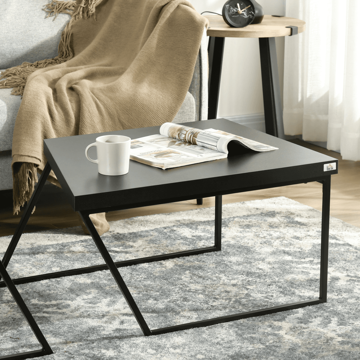 image-HOMCOM Set of 2 Industrial Coffee Tables - Wood Effect & Black