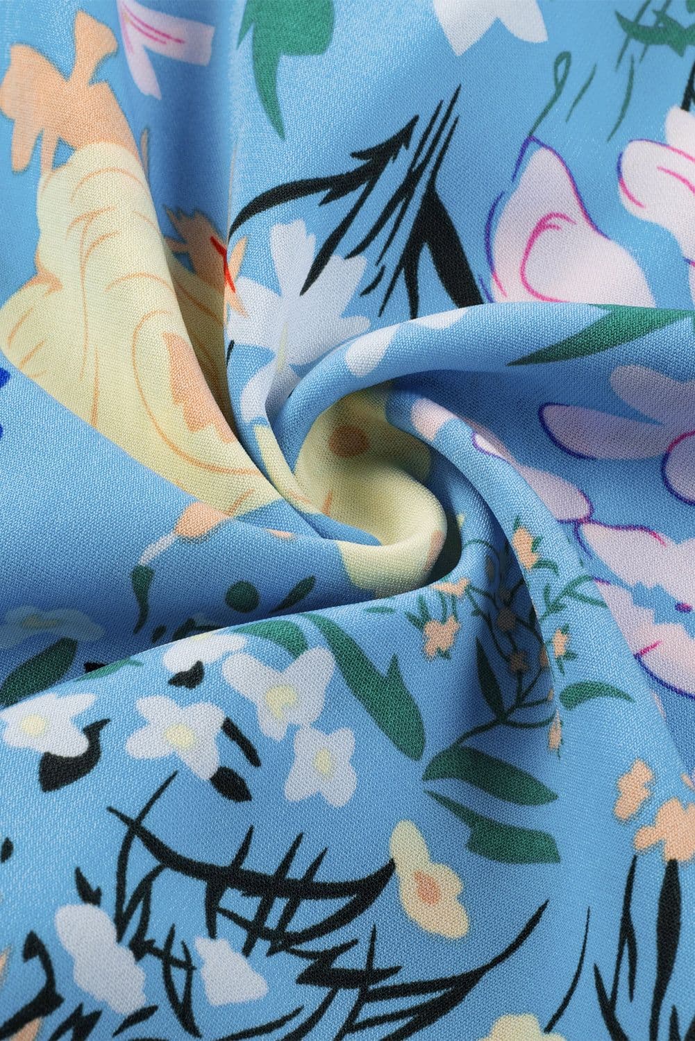 image-Sky Blue Floral Flutter Sleeve V Neck Ruffled Dress