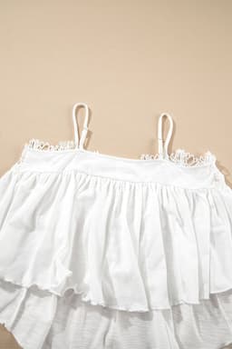 image-White Lace Splicing Spaghetti Straps Ruffle Flared Tank Top