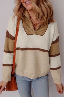 image-Parchment Colorblock Zipped Collared Pullover Sweater