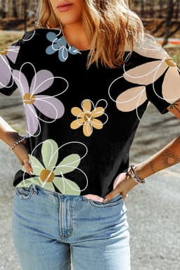 image-Beige Flower Print Summer T-Shirt